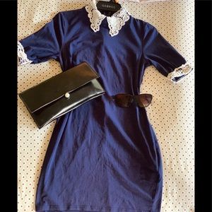 Navy Blue 3/4 sleeved, embroidered collar, Dress
